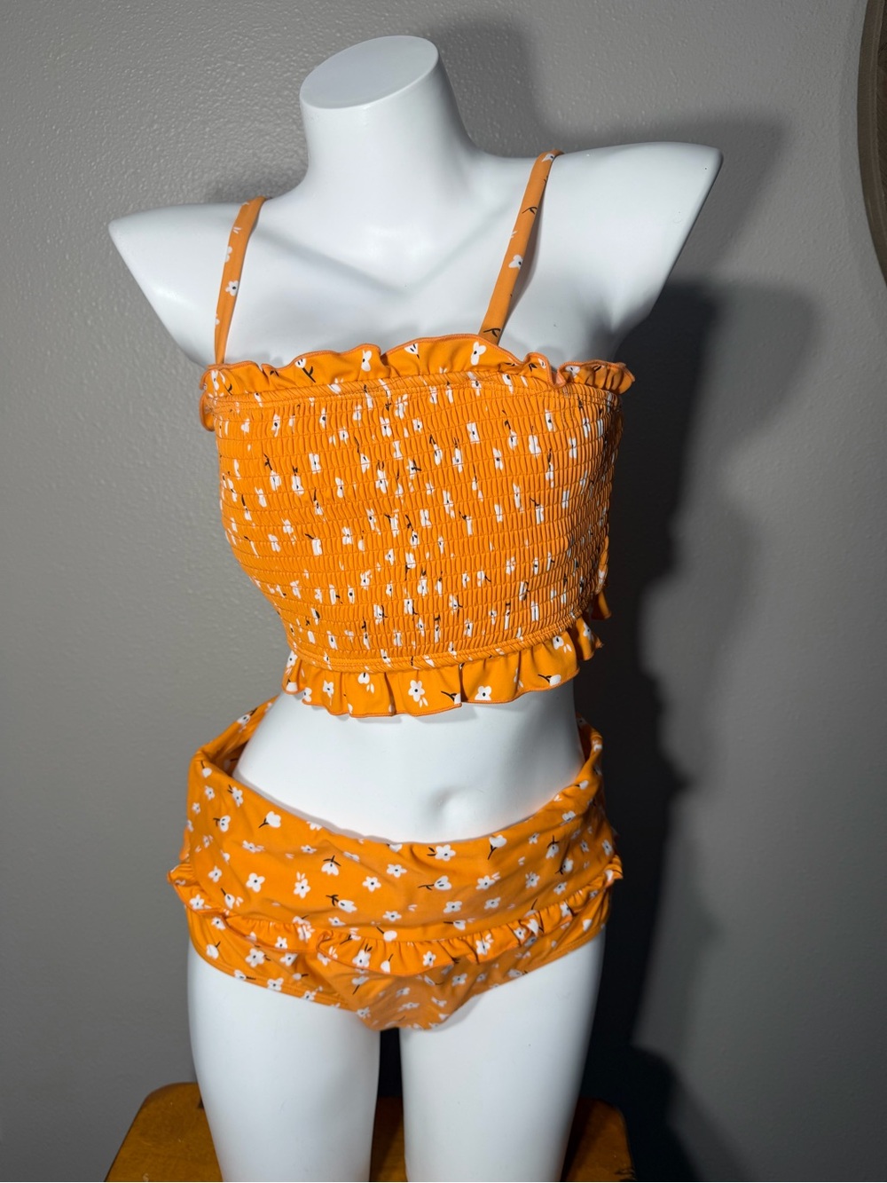 Source Unknown Orange Floral Smocked Bikini Set